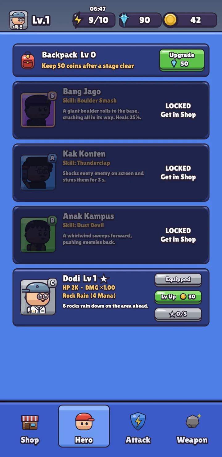 The Hero tab: Bang Jago, Kak Konten and Anak Kampus locked, Dodi equipped at level 1